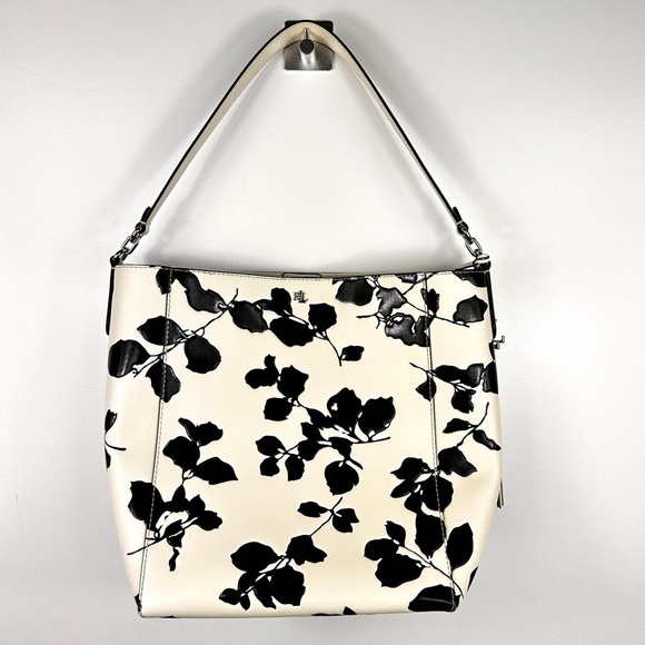 Lauren Ralph Lauren Adley Leather Shoulder Bag Floral White with Black Embossed - Picture 2 of 9